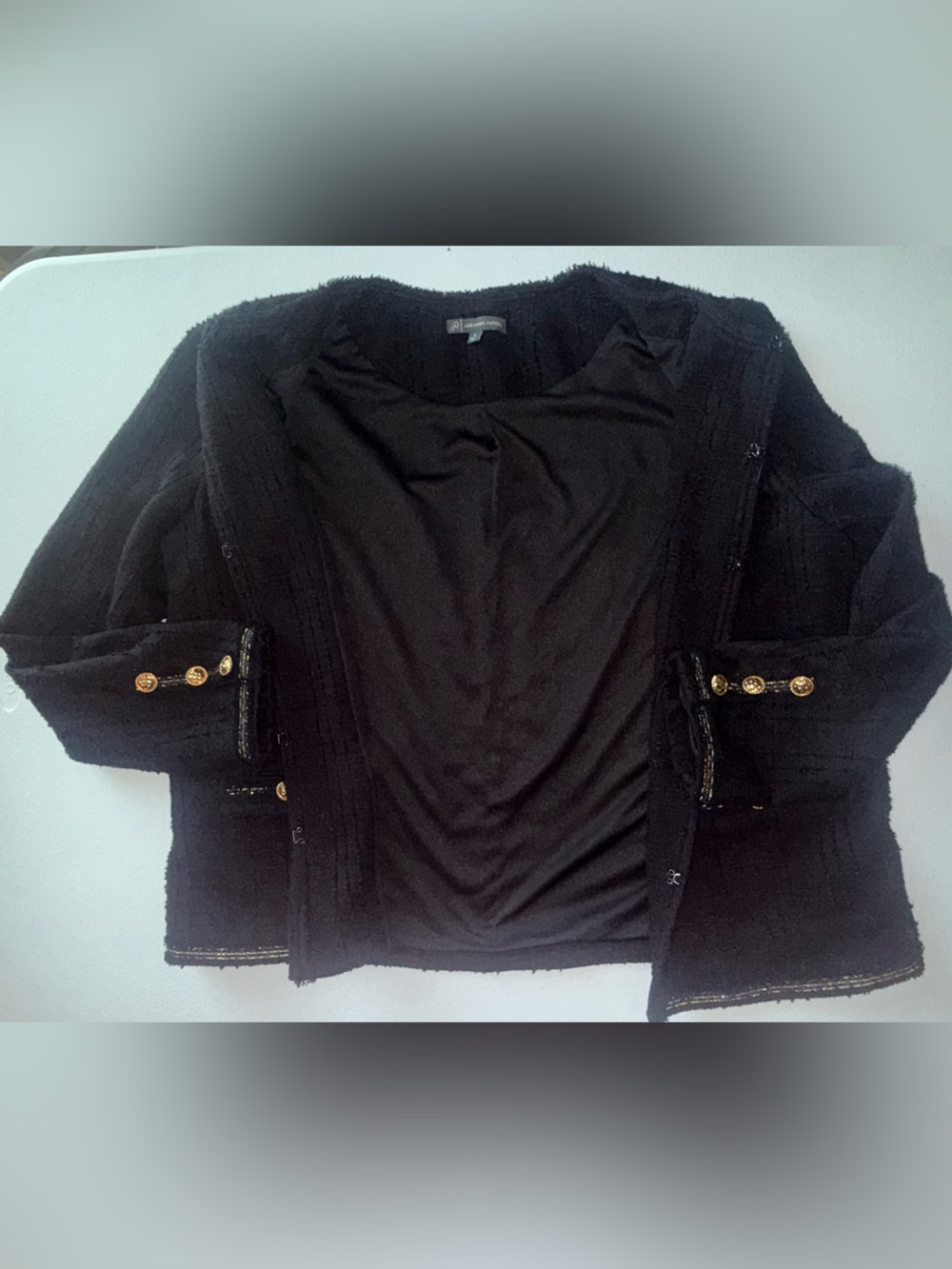 Adrianna Papell Black Tweed Boucle Blazer Gold Trim Collarless Jacket Size M - Picture 6 of 11